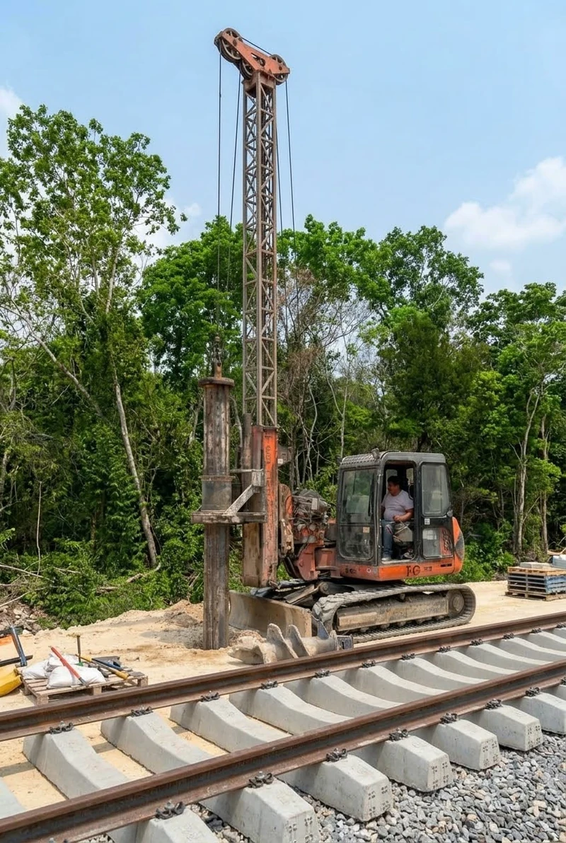Tren Maya · Tramo 7, Frente 6 · perforadora compacta sobre orugas junto a la vía sobre balasto